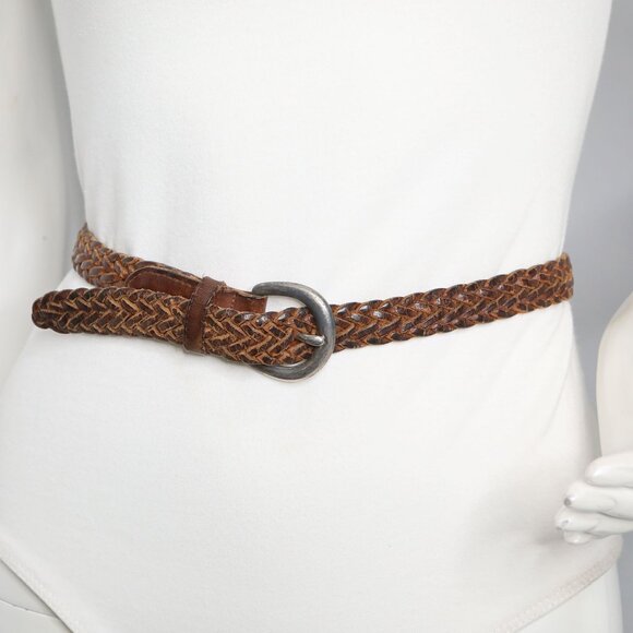 Vintage Fossil Brown Braided Leather Belt Silver Round Buckle Dark Academia LG - Picture 4 of 11
